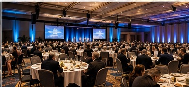Interior configured for a banquet and convention event