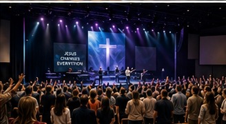 Interior configured as a worship center with stage and lighting