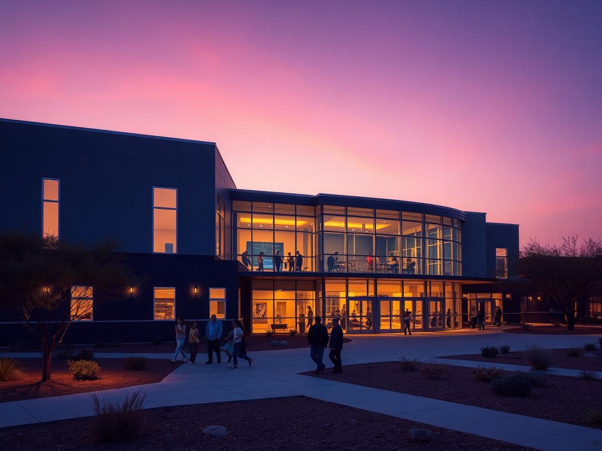 Community center exterior at dusk