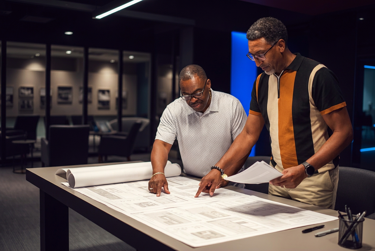 Development team reviewing site plans