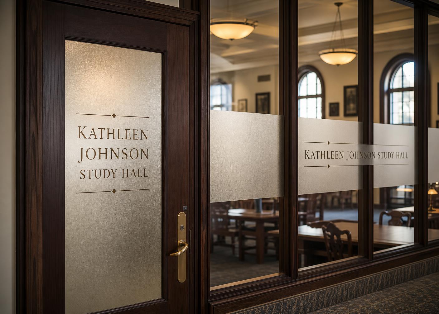 Etched glass entry of the Kathleen Johnson Study Hall